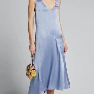 Vince Women Double V-Neck Asymmetric Seamed Slip silk Dress Blue Size XS
